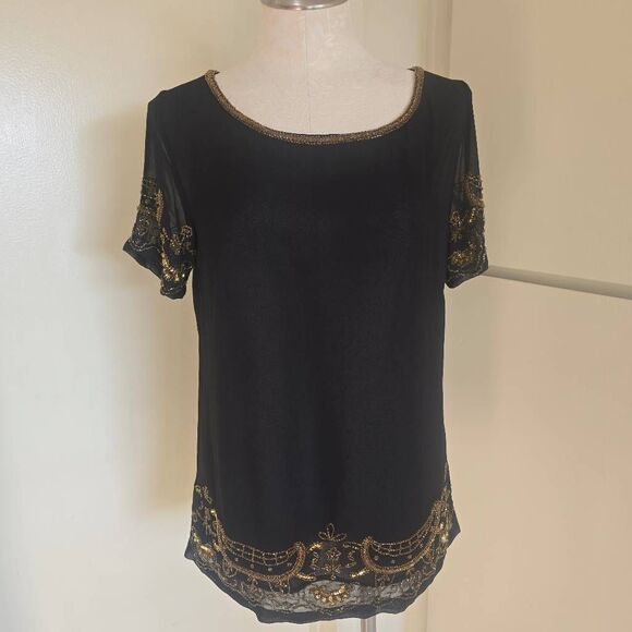 Guess Blk Sheer Gold Bead Trimmed Blouse, NWOT, XS, Possible Sample not produced - Picture 1 of 9